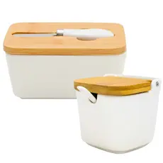 Conjunto Manteigueira Branca Com Espátula & Saleiro Com Colher Porta Sal