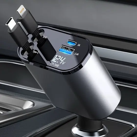 Carregador de carro retrátil, carregador rápido de para carro 4 em 1 para iPhone e Android
