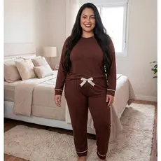 Pijama Feminino Plus Size Suede Soft Calça Longa Manga Longa Conjunto de Dormir 48 ao 52