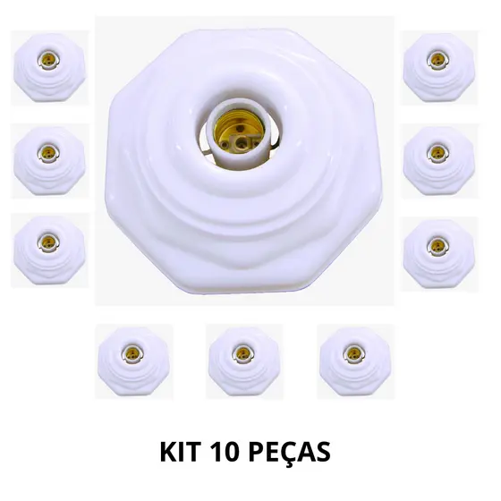 Kit 10 Plafon Octagonal Soquete E27 Branco COM FIO P/ Lampada de ate 100w Luminária