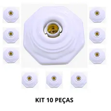 Kit 10 Plafon Octagonal Soquete E27 Branco COM FIO P/ Lampada de ate 100w Luminária