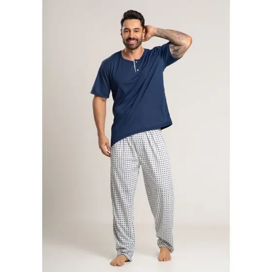 Promoção Pijama Masculino Adulto  Calça Comprida Estampada  Blusa Manga Curta Lisa