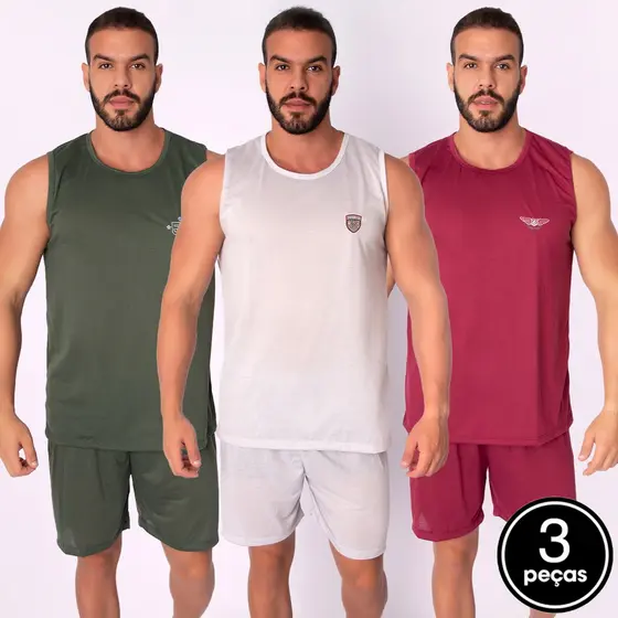 Promoção Kit 3  Pijama Regata Liso Masculino Adulto Verão Curto  Short Malha Dormir Básico