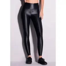 Calça Cirrê Vekyo Disco Couro Fake Cintura Alta Preta