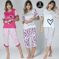 Promoção Kit 3  Pijama Feminino Pescador  Bermuda Adulto  Blusa  Calça Curta Inverno Barato