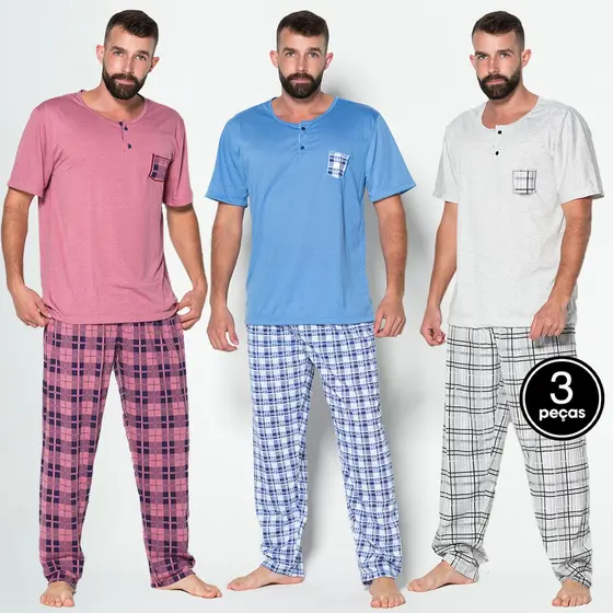 Promoção Kit 3  Pijama Masculino Detalhe Bolso  Conjunto Dormir  Calça Xadrez Longa