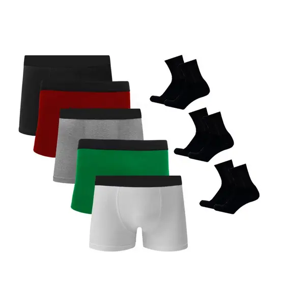 Kit 5 Cuecas Boxer Algodão c/ Poliéster C5 + 3 Pares de Meias