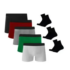 Kit 5 Cuecas Boxer Algodão c/ Poliéster C5 + 3 Pares de Meias