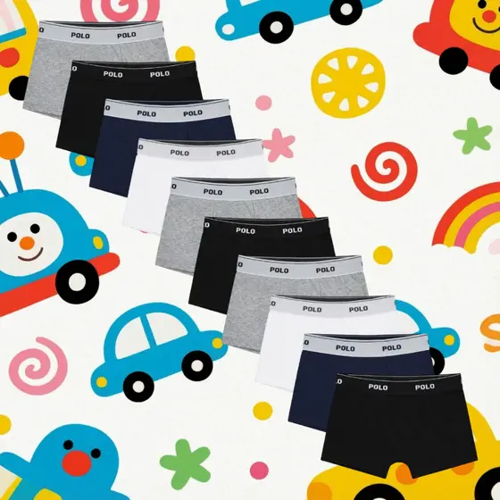 Kit 10 Cuecas Boxer Polo Cotton Infantil 100% Algodão Forro Duplo Meninos Premium