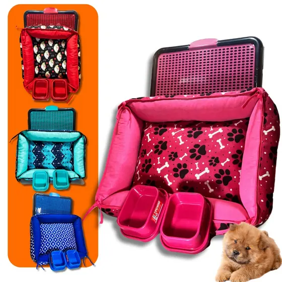 Kit Cachorro Premium Caminha Tapete Sanitário Canino Bebedouro Comedouro Completo