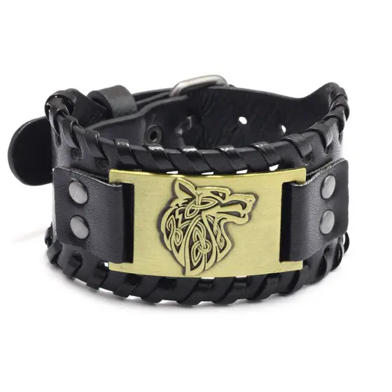 3 MODELOS: Linda Pulseira Couro Legítimo Bracelete Johnny Depp Viking Lobo Chapa de Alumínio 3 Cores