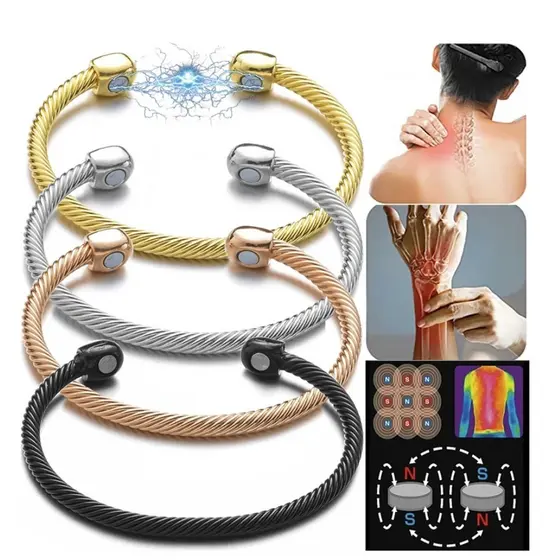 4 MODELOS: Pulseira Magnética Bracelete Trançada 2 Banhos Ouro 18k Terapia Magnética Alívio Artrite