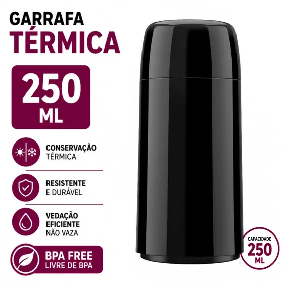 Mini Garrafa Térmica Agua Café Chá Diversas Bebidas Quentes Firenze Mini 250ml Preta - Invicta