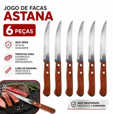 Jogo De Facas Astana 6 Peças Aço Inoxidável Casutil Para Cozinha Churrasco Restaurantes Casa