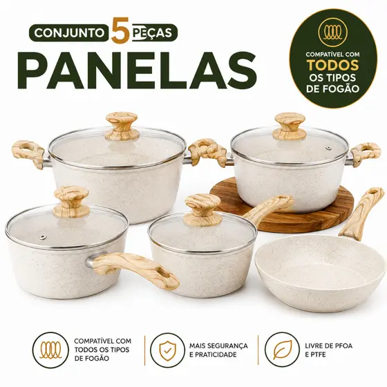 Jogo Panelas 5 Peças Serve Fogão Indução ou Gas Fundo Triplo Antiaderente Cerâmico 3,7mm Espessura