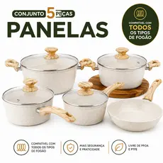 Jogo Panelas 5 Peças Serve Fogão Indução ou Gas Fundo Triplo Antiaderente Cerâmico 3,7mm Espessura