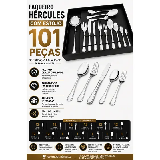 Faqueiro Jogo de Talheres Búzios 101 peças Faqueiro Hercules Aço Inox utensílios cozinha Com Estojo