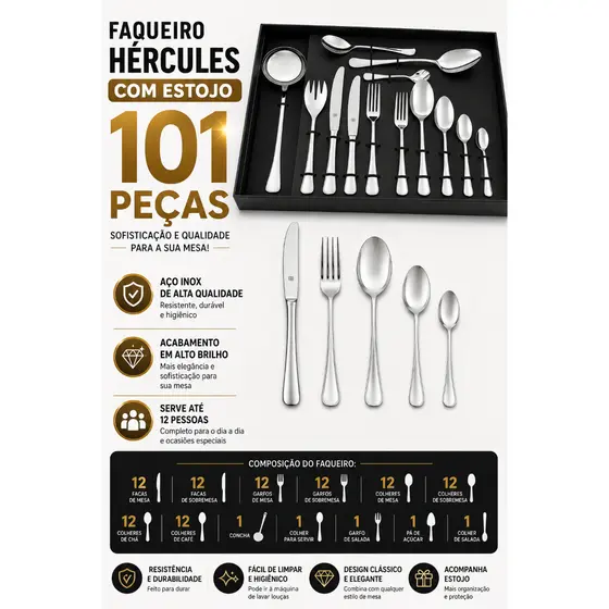 Faqueiro Jogo de Talheres Eclipse 101 peças Faqueiro Hercules Aço Inox utensílios cozinha Com Estojo
