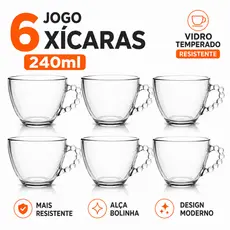 Jogo 6 Xícaras de Vidro Temperado Café Chá Alça Bolinha Bubble