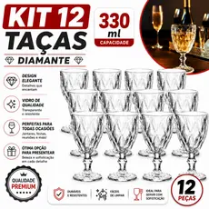 Jogo de 12 Taças Diamante Copo Vidro Transparente Bico De Jaca 330ml