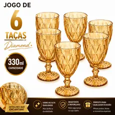 Jogo de 6 Taças de Vidro Diamond Transparente Ambar Luxo Premium Bico De Jaca 330ml