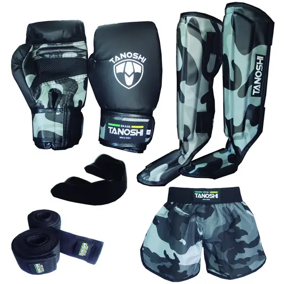 Kit luta Camuflado Cinza MuayThai, Sanda, Kickboxing luva boxe, caneleira, shorts, bucal e bandagem