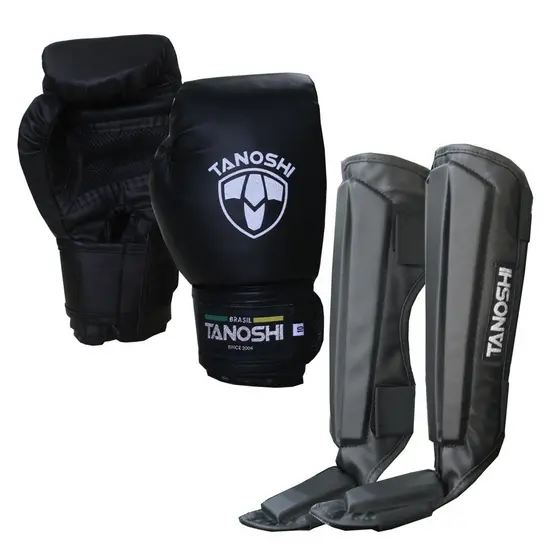Kit Preto Luva Boxe MuayThai Sanda + caneleira TANOSHI