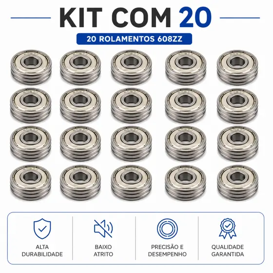 Kit 20 Rolamentos 608ZZ 608 Semi Profissional Abec - Skate, Patins, Longboard e Patinete FRIZADO