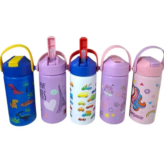 Garrafa de Alumínio com canudo e alça  pra água suco 350ml (INFANTIL)
