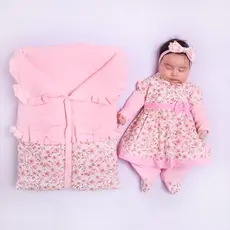 Saída de Maternidade Bebe Menina Rosa Floral com Saco de Dormir Enxoval para Bebê 100% Algodão