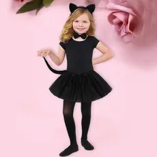 Fantasia Infantil De Gatinha Kit 4 Peças Saia Tiara Rabo E Gravata cor Preta