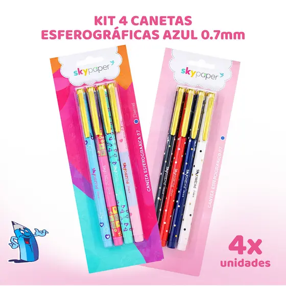 KIT 4 CANETAS ESFEROGRÁFICAS AZUL 0.7MM FOFA POÁ LOVE SKYPAPER