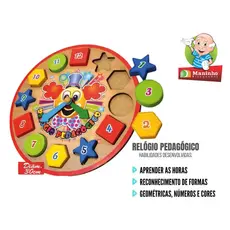 Relógio Educativo Pedagógico Infantil Em Madeira cores vivas  aprndizado