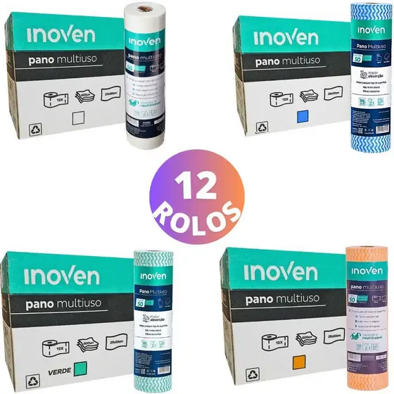 Kit 12 Rolos Pano Multiuso Limpeza Higiene Tipo Perfex Picotado Resistente 28x50cm
