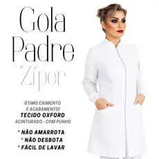 JALECO FLZ Feminino Acinturado Gola Padre manga longa Ziper Oxford Branco Preto Rosa Pronta entrega