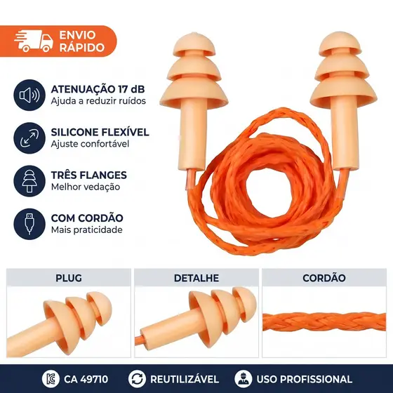 Protetor Auricular Plug Silicone 17dB CA 49710 EPI Segurança NR-6 Trabalho Ruído