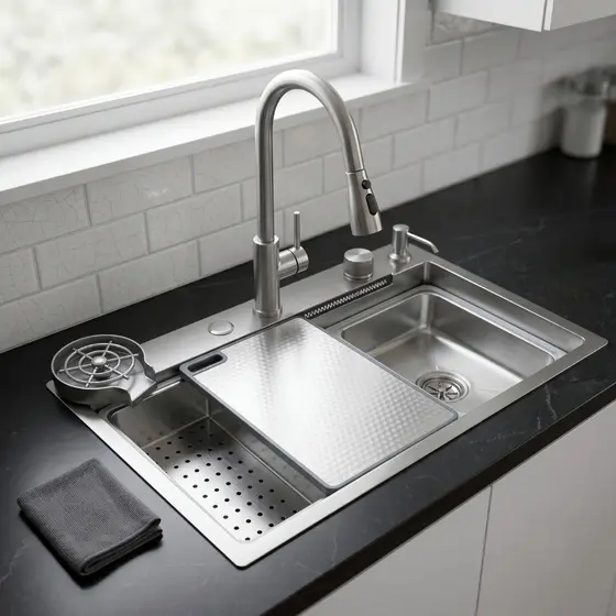 Cuba Premium 75x45 Pia de Cozinha Gourmet Inox 304 Com Torneira Cascata e Lavador de Copos