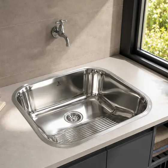 Tanque Lavanderia Aço Inox Polido 40x34cm Sobrepor Resistente a Ferrugem Ralo Sifão Bloqueio Odores