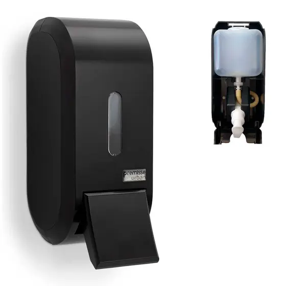 porta sabão saboneteneira Dispenser alcool gel sabonete líquido com reservatório Urban Compact Premisse preto para elevador consultório escritório condominio