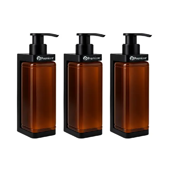 Kit 3 Frascos Âmbar com Válvula Pump Suporte Parede Box Banheiro porta Shampoo Sabonete líquido Hotel resort pousada