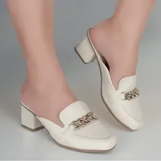 Mule Macerata Bico Quadrado com Salto Bloco Feminino Sapato Corrente da Moda Verão Ref: Q-1200