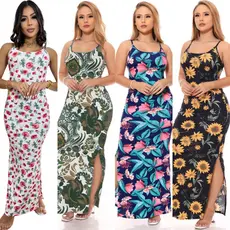 Vestido Alça Floral Canelado Casual Versátil Feminino Nova Moda Verão Fenda Lateral Gestante Evangélico Alcinha