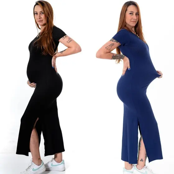 Vestido Manga Gestante Grávida Maternidade Canelado Confortavel Fenda Longo Evangélico Casual Moderno