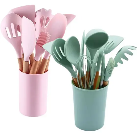 Kit 12 Utensílios de Silicone com Cabo de Madeira para Cozinha Completo