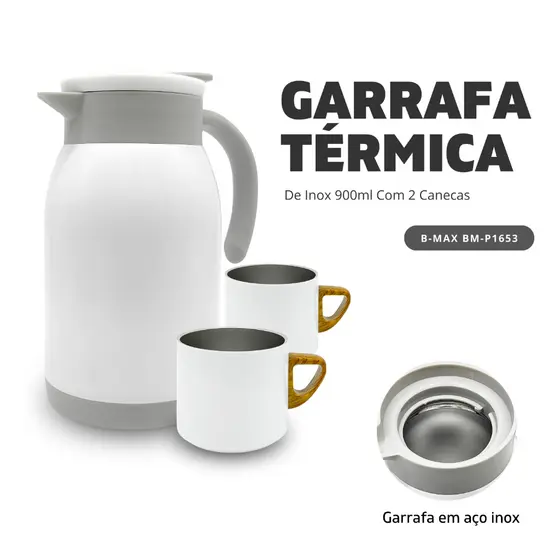 Garrafa Térmica de Inox 900ml Com 2 Canecas Branca ou Preto