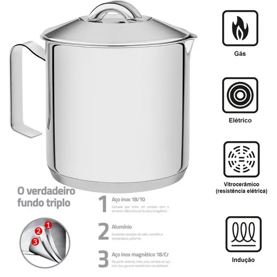 Fervedor Tramontina Inox C/ Tampa Fundo Triplo Solar 14cm 2L