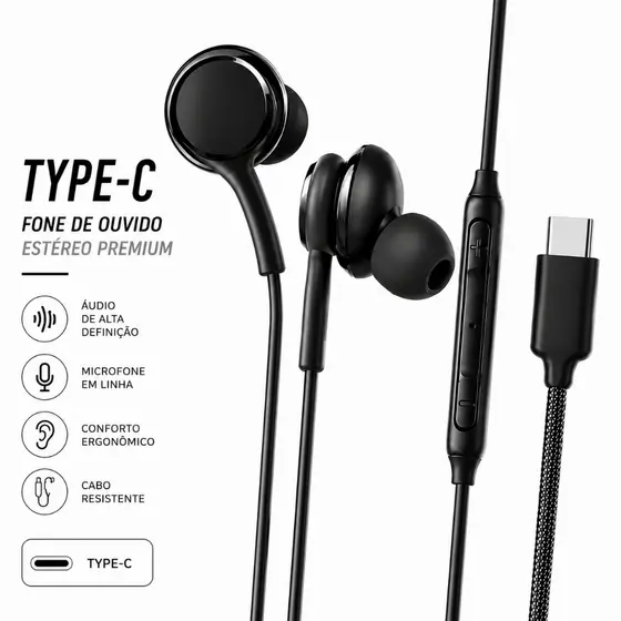 Fone Tipo-C In-Ear Stereo com Microfone Preto e Branco