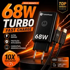 Carregador Turbo 68W USB-C + Cabo Carga Rápida 10X Compatível Android e iPhone