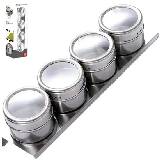 01 Porta Tempero Aço Inox Com Ima E Suporte Para Bancada 5 Peças 28x7CM Tampa Tranparente