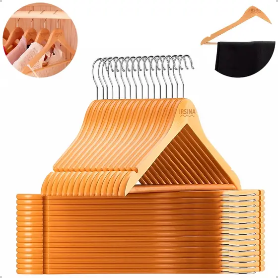 KIT Cabides de Madeira Roupas Antiderrapante Natural Marfim Gancho de Metal